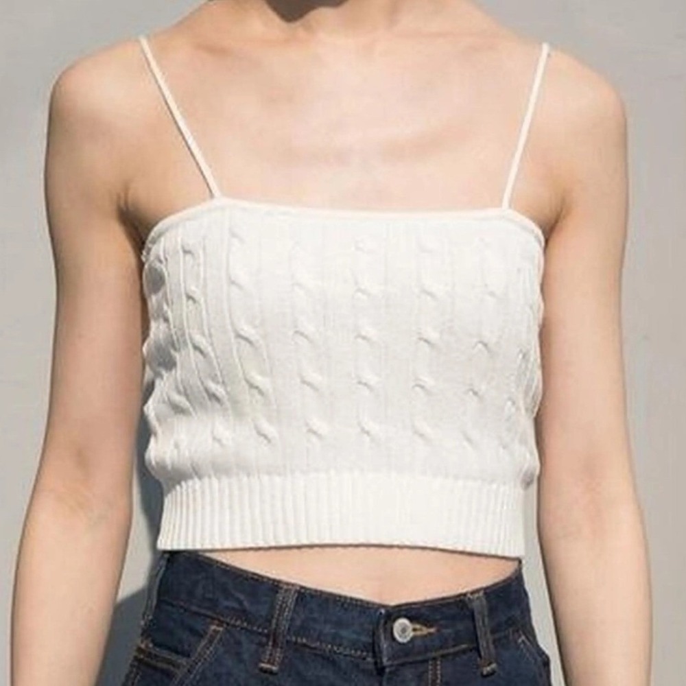 Brandy Melville White Cable Knit Cami Tank Top Cropped Cotton Sleeveless One Sz
